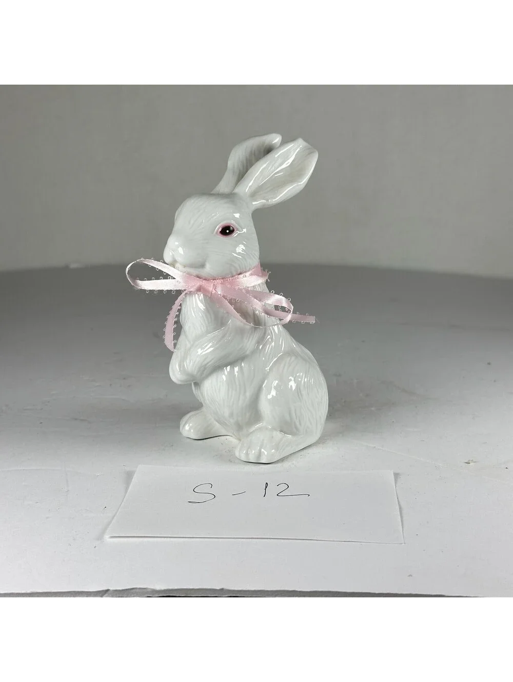 Vintage Ceramic Easter Bunny Figurine White with Pink Ribbon S-12